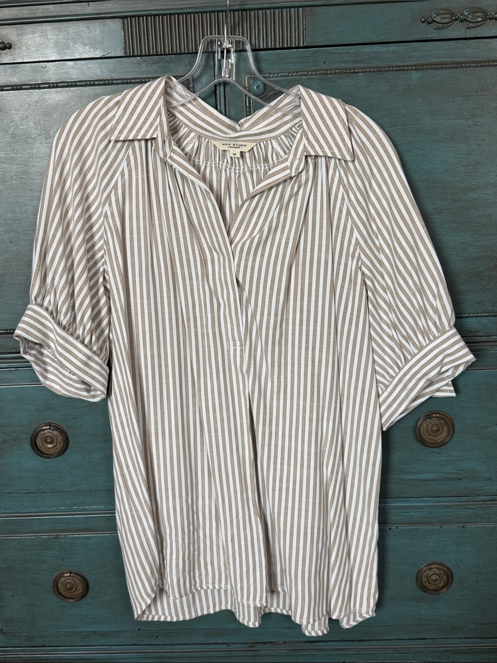Max Studio Taupe and White Striped Button-Front Shirt Size M